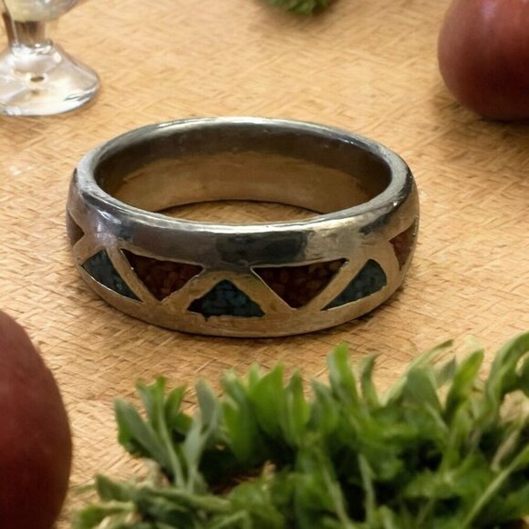 Vintage Estate Wide Band Mexican Silver Ring with Inlay  Turquoise Stones Size 9 - Picture 1 of 6